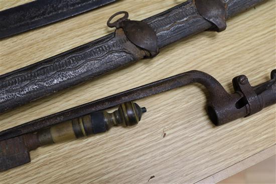 A Scimitar, a 1796 pattern sabre, bayonets, etc
